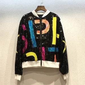 Женская бейсбольная куртка Cakucool, в европейском стиле, с блестками и вышивкой букв, с длинным рукавом, верхняя одежда, Свободный кардиган, куртки на молнии