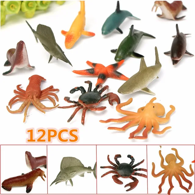 12PCS Marine Animal JIMITU 12 шт./компл. 4,5-8 см Пластик морской фигурки животных животные океана Морская жизнь Акула китовый Краб детские игрушки - Цвет: 12PCS Marine Animal