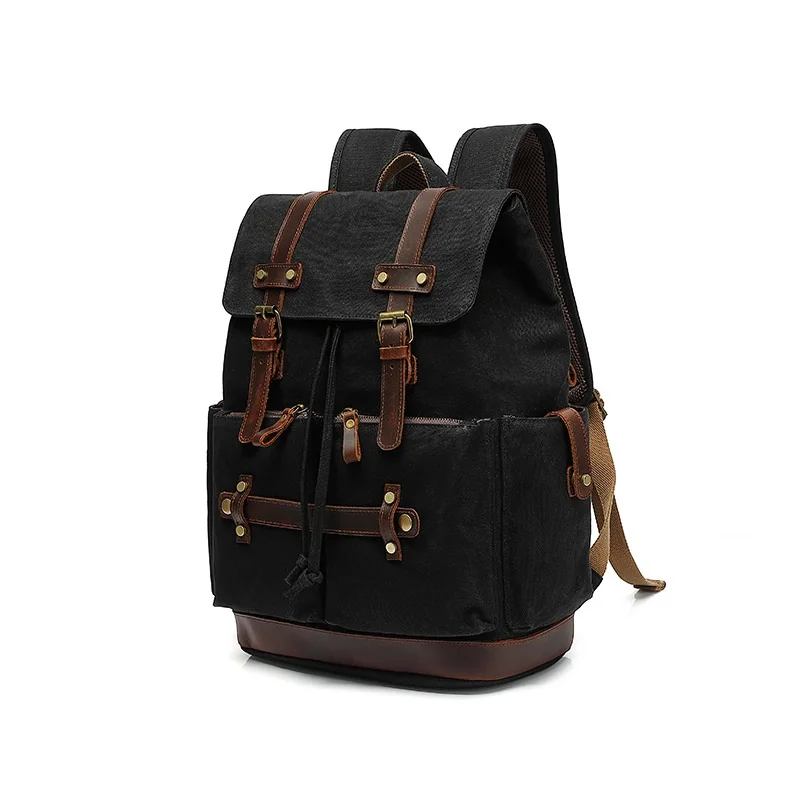

Backpack New Men Bags Waterproof Oil Wax Canvas with Cow Leather Travel School Bagpack male Laptop Rucksack for Teenager