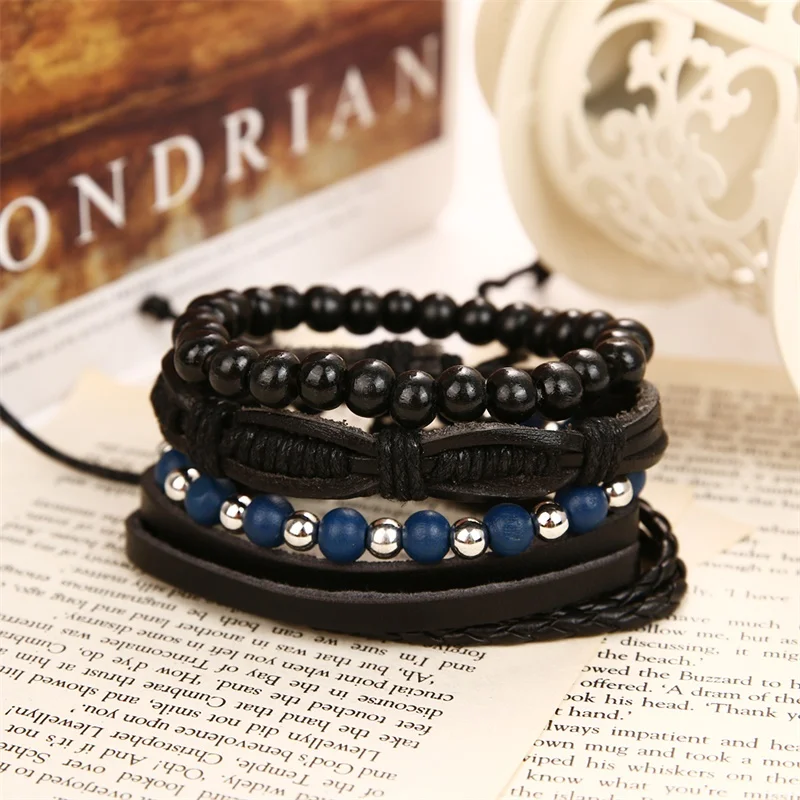 IFMIA богемные деревянные плетеные браслеты ручной работы, браслеты Pulsera для мужчин, винтажный многослойный синий кожаный браслет с бусинами, браслеты