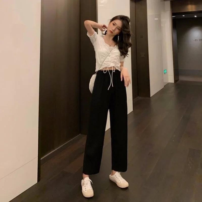 

Women Two Piece Sets Crop Tops Ruched V-Neck Lace-up Puff Sleeve Shirts Elastic Waist Wide Leg Pants Loose Plus Size Casual