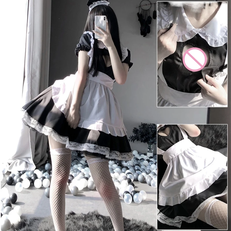 

Womens Vintage French Maid Uniform Lingerie Set Short Sleeve Sexy Hollow Out Heart Keyhole Dress with Apron Panty Headband