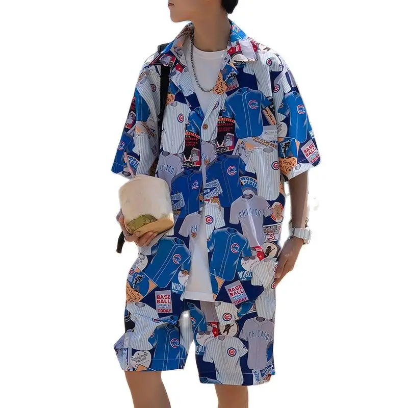 

Summer Men Clothing Short-sleeved Printed Shirts Shorts 2 Piece Fashion Male Casual Beach Wear Clothes Beach Shirt Set Two-piece