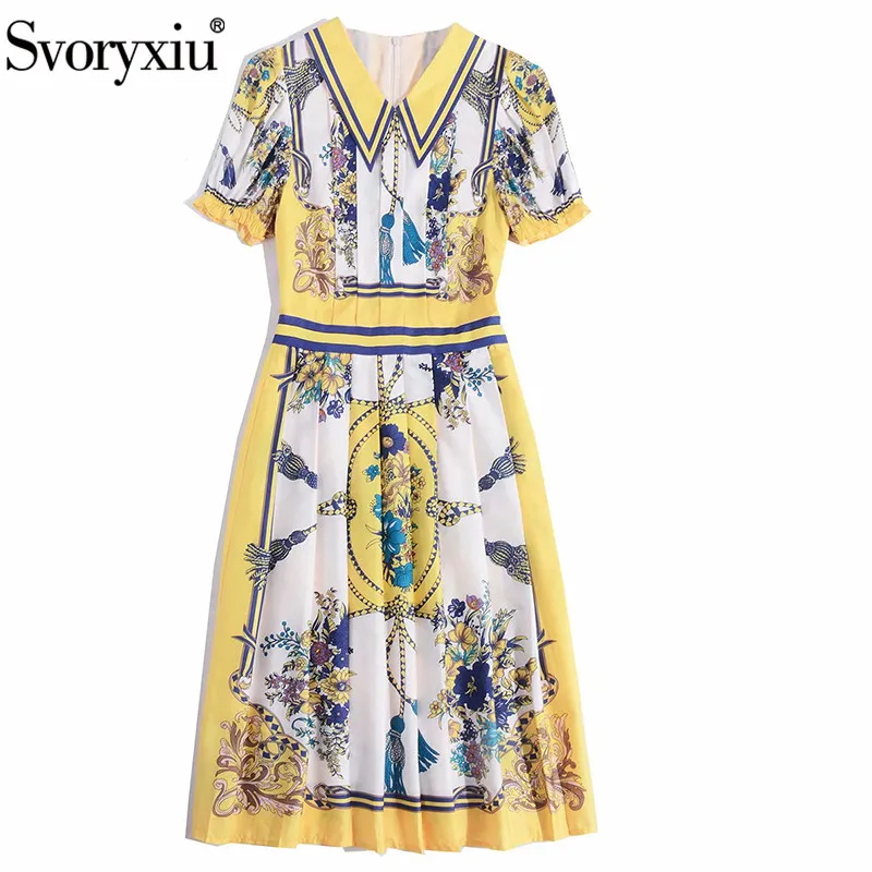 

Svoryxiu Runway Designer Summer Pleated Dress Women's Fashion Short Sleeve Turn-Down Collar Flower Print Mid-Calf Dress Vestdios