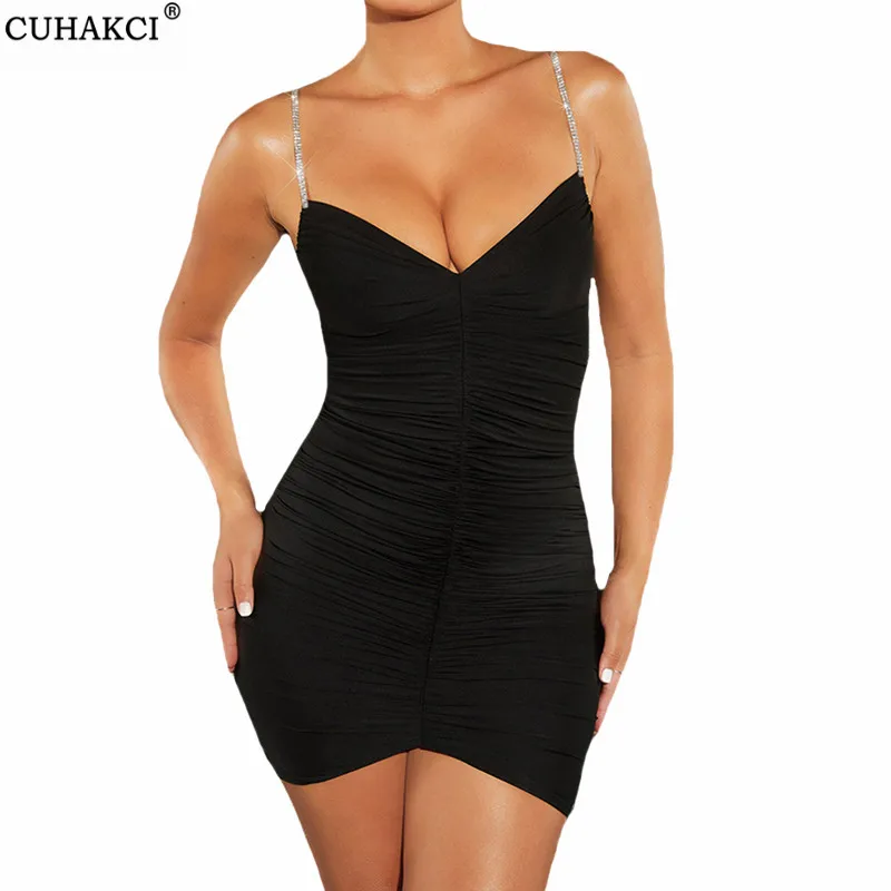 

CUHAKCI Solid Diamond Sling Strapless Sleeveless Pleated Sexy Dress Bodycon Summer Club Party Women Short Mini Streetwear Outfit