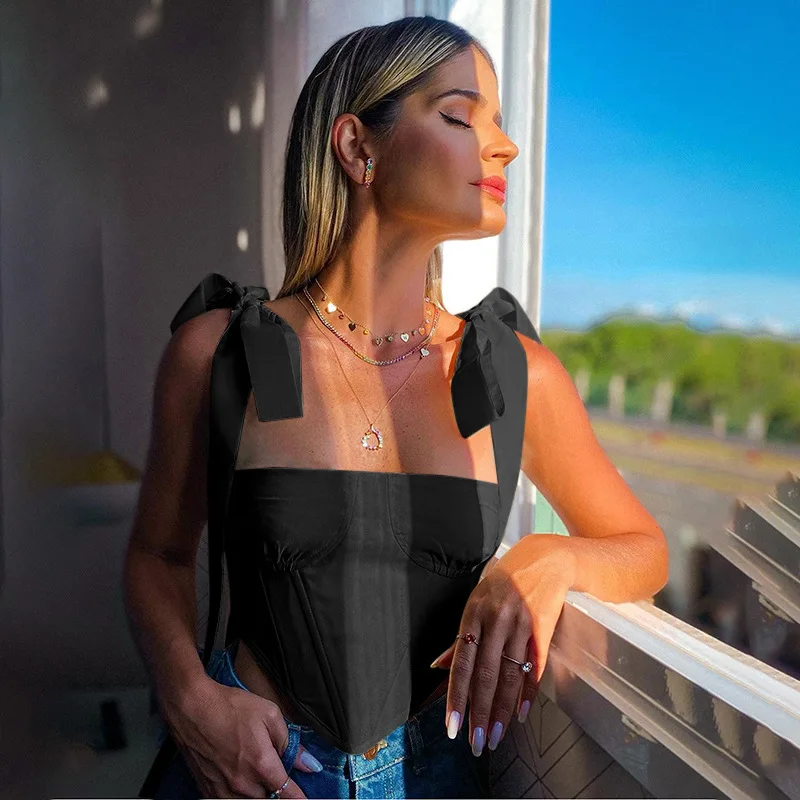

Crop Tops Women 2021 Tie Up Strap Bandage Sexy Backless Crop Tops For Woman Sleeveless Club Party Boned Corset Top Cropped