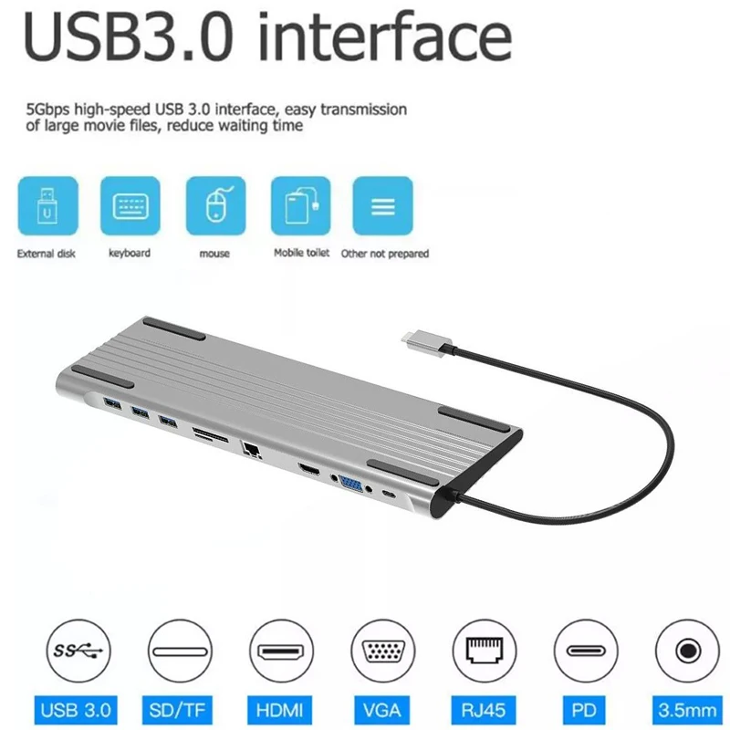 

Док-станция USB-концентратора, 10 в 1, USB 3,0, 4K, HDMI