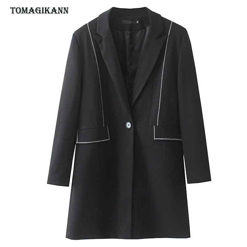 

Blazer Coats Women Bright Line Decoration Single Button Pocket Full Sleeve Jacket Streetwear Casual Plus Size OL Lady Outwear