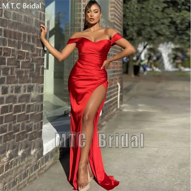 

Red Sexy Mermaid Prom Dresses High Slit Off The Shoulder Pleat Satin Long Formal Dress Plus Size Women Evening Gowns Wholesale