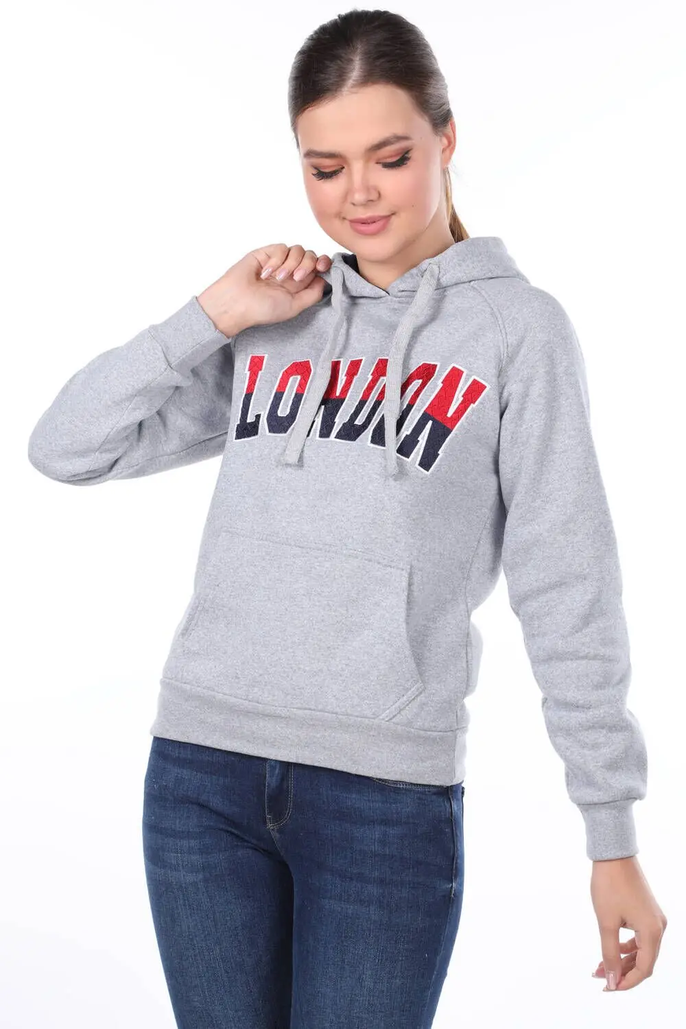 

London Appliqués Gray Hooded Female Sweatshirt 7292