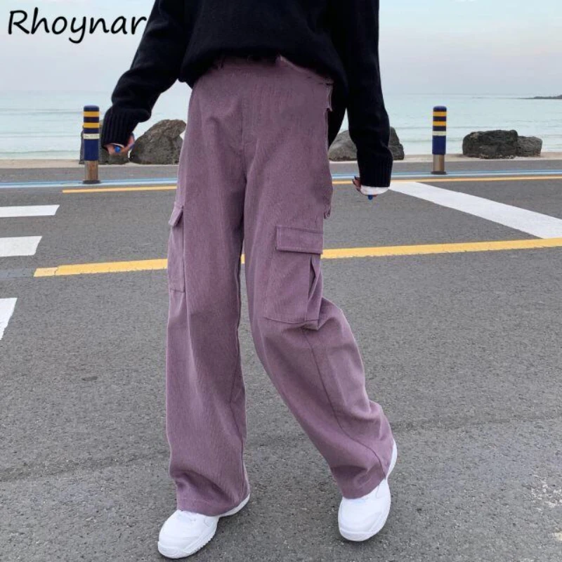 Cargo Pants Women Solid Pockets BF Harajuku Loose Full-length Spring Autumn Corduroy Ins Aesthetic Girl All-match Street Bottoms