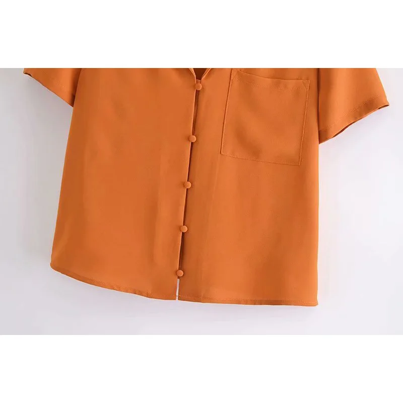 

2021 Summer Women Solid Color Short Sleeve Loose Casual Blouses Za Female Fashion Lapel Single-Breasted Chic Pocket Shirt Tops