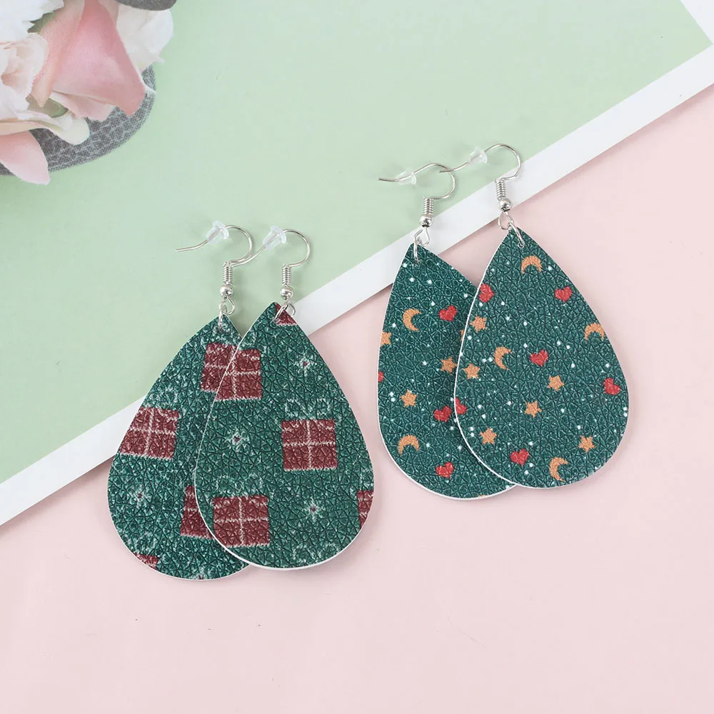 

Christmas Elk Snowflake Teardrop Leather Drop Earrings Ear Hook Dangle Xmas Gift