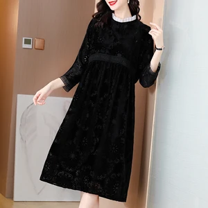 Fall Spring Fashion Womens Elegant Loose Waisted Black Velvet Floral Long Dress , Woman Loose Jacqua