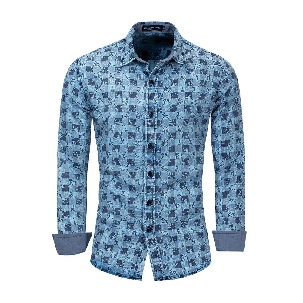 

Camisa социальная мужская одежда с длинным рукавом, мужские клетчатые джинсовые рубашки для мальчиков модные хлопковые уличный стиль темно-си...
