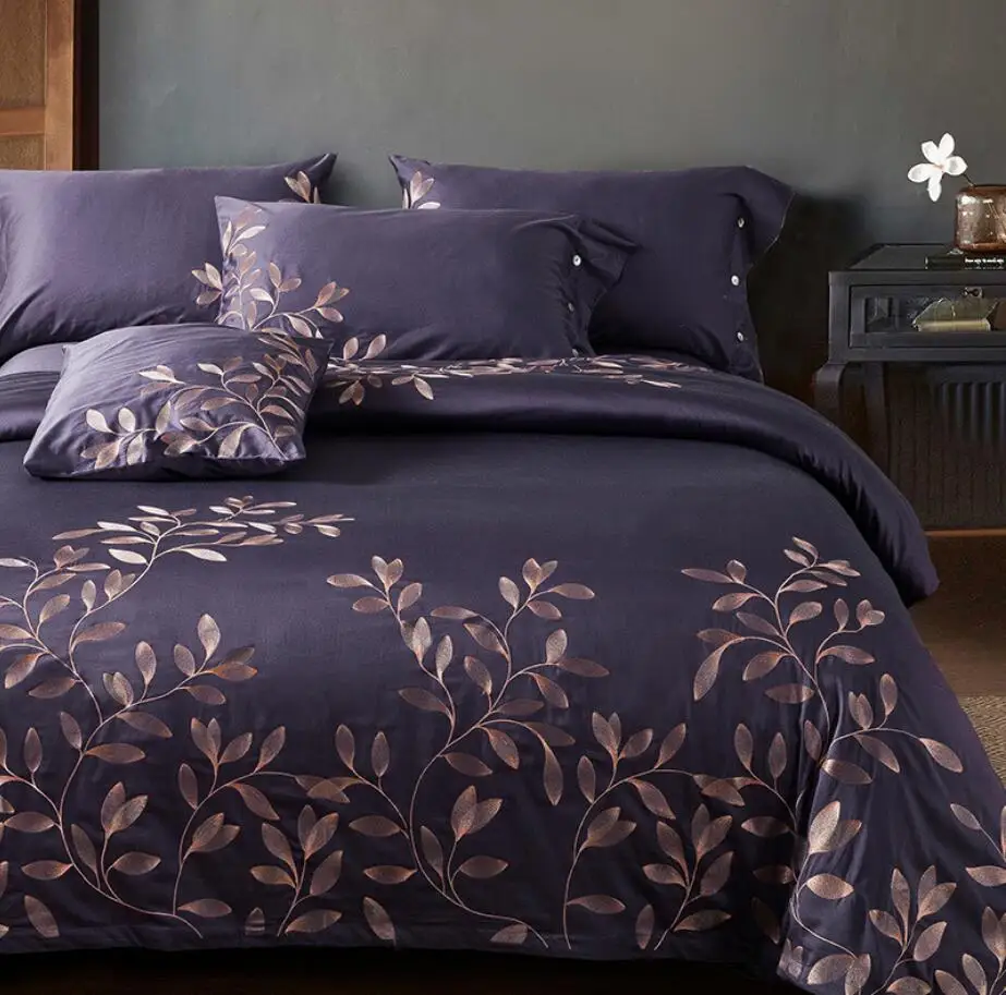

Egyptian Cotton Oriental Embroidery Bedding Set Home Textile 4pcs Solid Color Duvet cover Bed sheet Linen Queen King size