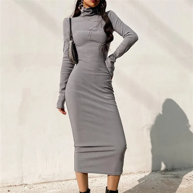 

Zoulv 2020 Autumn New Women's Temperament Slim Long Skirt Super Soft Skin-friendly Brushed High Neck Warm Slim Solid Color Dress
