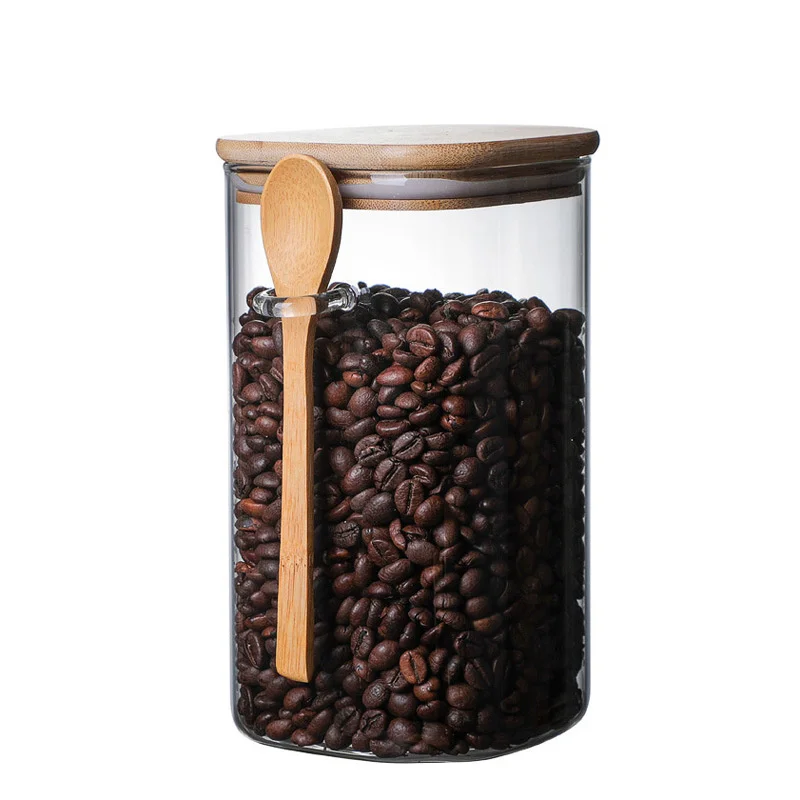 

Kitchen Storage Box Of 800-1200ml Size, Using Transparent Glass Sealed Canned Candy Coffee Bean Jar, With Spoon And Bamboo Lid