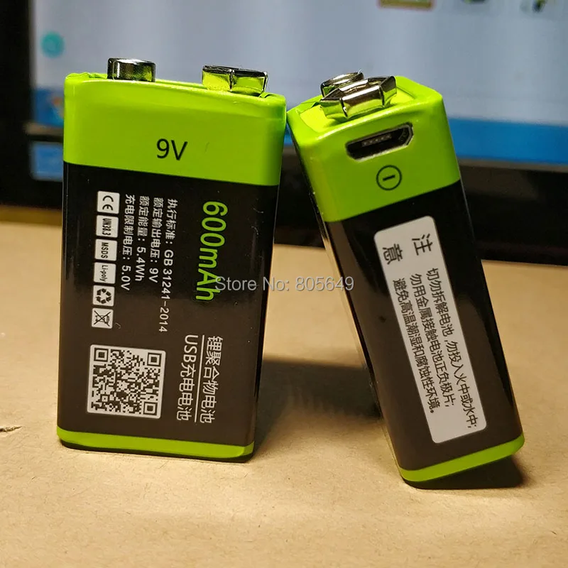 2 шт. перезаряжаемые литий полимерные батарейки ZNTER 9 В 600 мА · ч usb + 1 кабель micro для