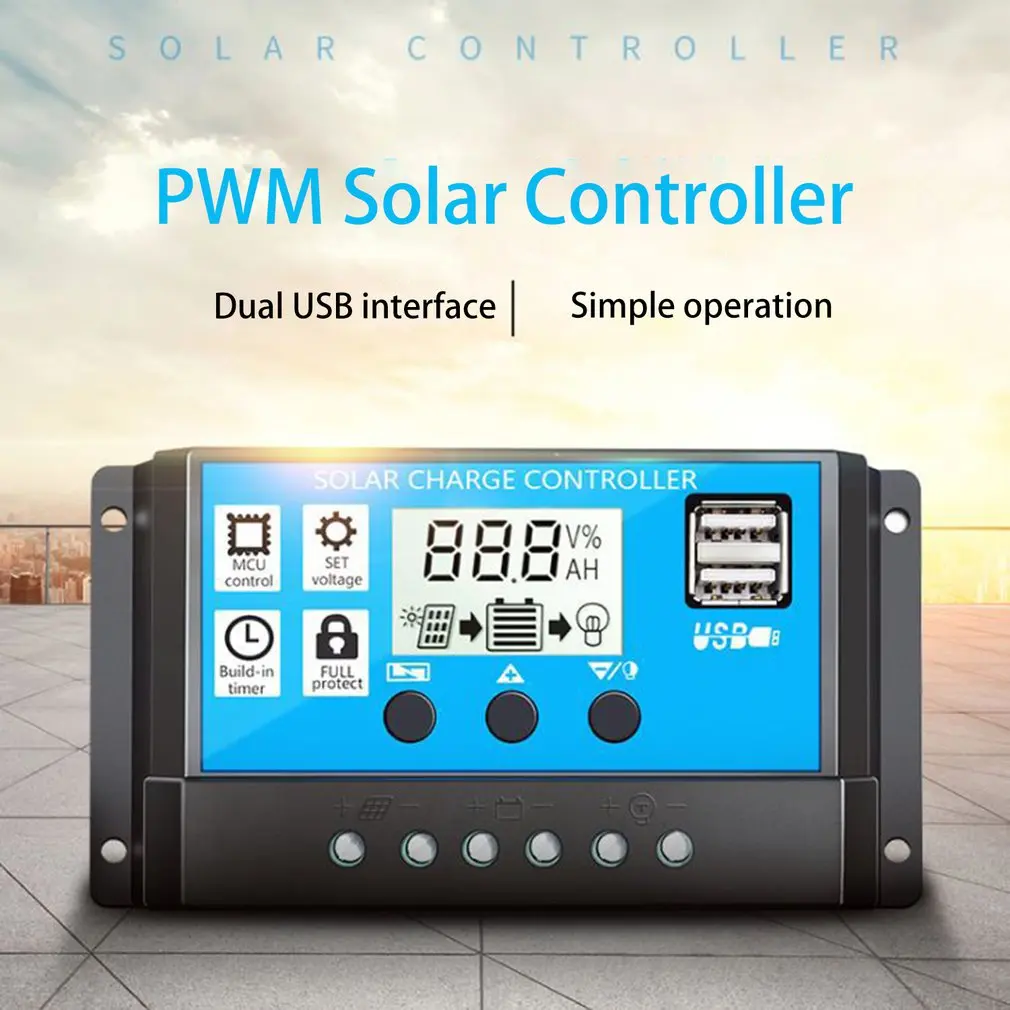 

60A/50A/40A/30A/20A/10A Auto de 12V 24V controlador de carga Solar PWM controladores LCD Dual USB salida Panel Solar regulador