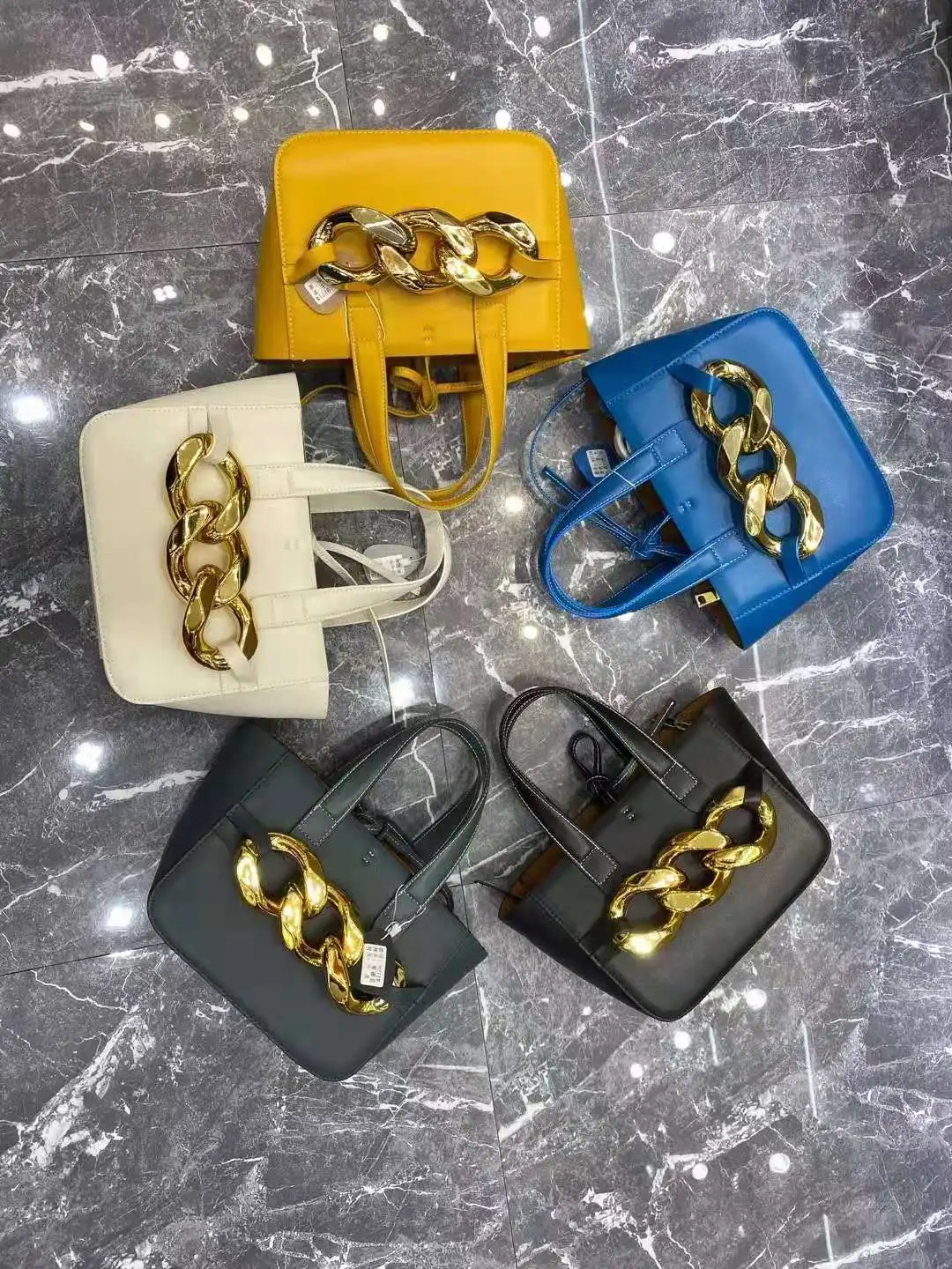 

New Trend Genuine Cowhide Women Combo Shoulder Bag Color Square Fashion Bag Lady's Big Thick Chain Design Real Leather Handbag