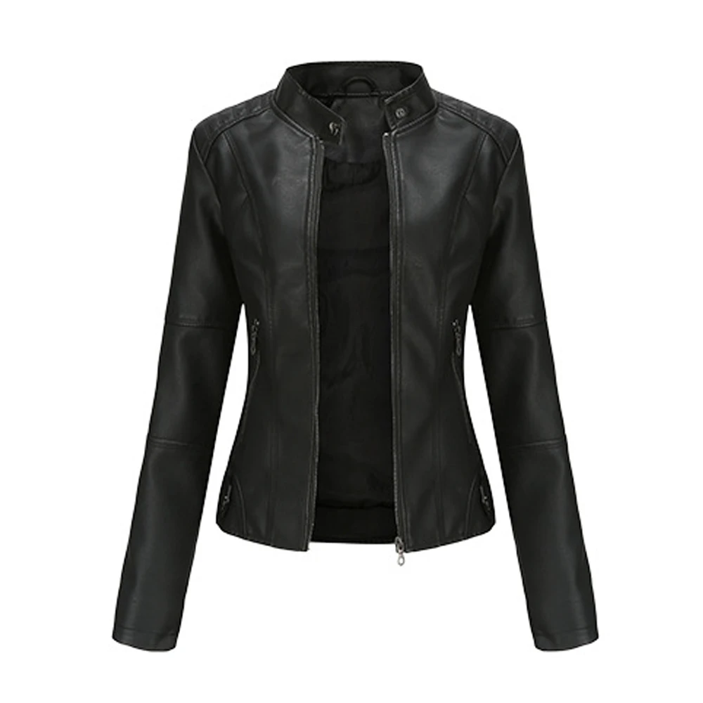 

Fashion Sping Autumn Women Slim Stand Neck Long Sleeve Faux Leather Short Motorcycle Jacket Female Zipper Outerwear