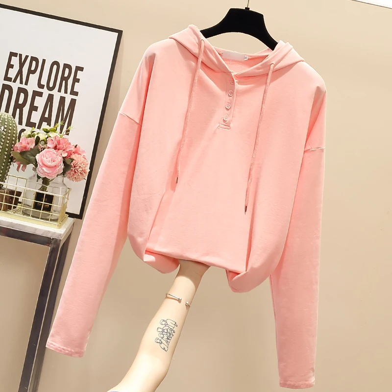 

Lucyever Plus Size 2XL Simple Solid Hoodies Womens Hooded Button-up Sweatshirt Woman 2021 Spring New Harajuku Pink Casual Coat