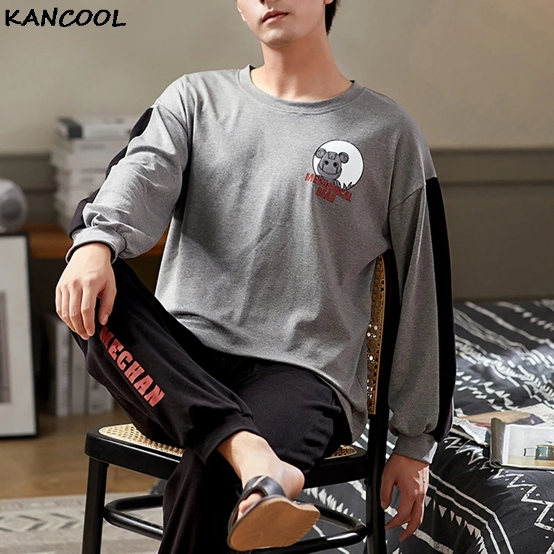 

KANCOOL 2021 Spring Men Cotton Pajamas Long Sleeve Male Pajama Set Men Long Pants Pajamas For Men New Sleepwear Suit Homewear