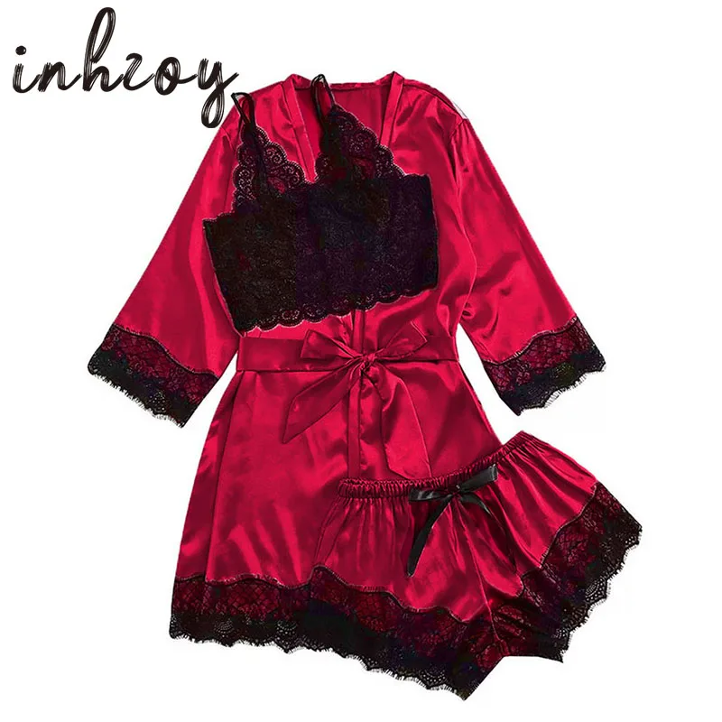 

3pcs Sexy Robe Sets Women Nightwear Satin Lace Cami with Shorts Nightgown Belt Bathrobe Pyjamas Sleepwear Female Home Lingerie