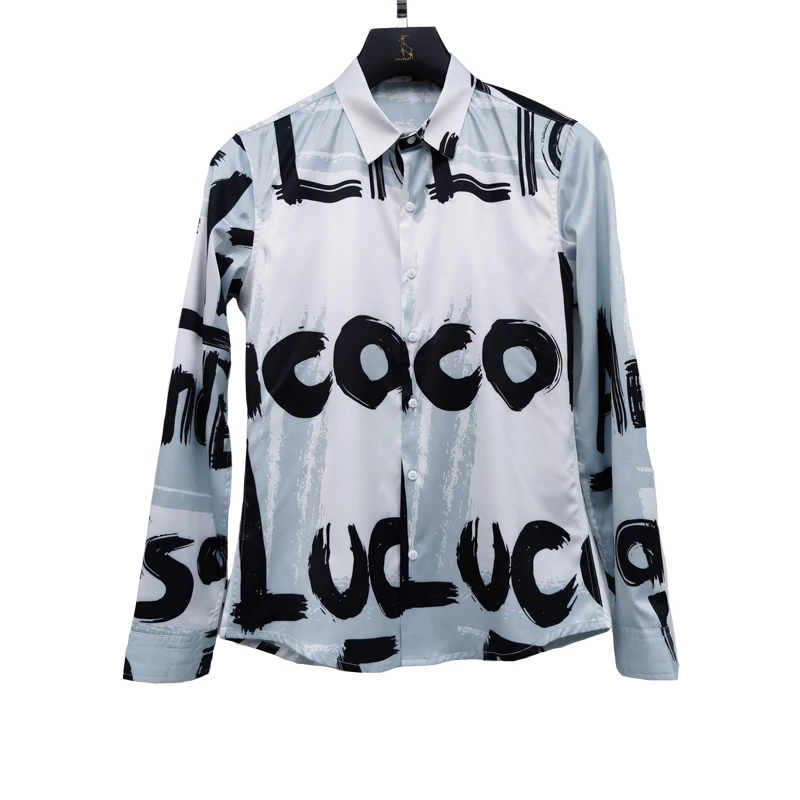 

2020 Autumn Fashion Letter Printing Black White Man Self-cultivation Long Sleeve Shirt Men Flower Shirt British Style Shirt Men