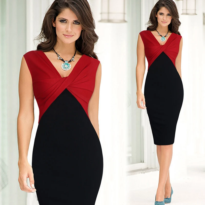 

Hot Sale Tunic V-Neck Casual Pencil Dress Summer Dress Women's Short Sleeve Patchwork Slim Bodycon Dress Vestidos