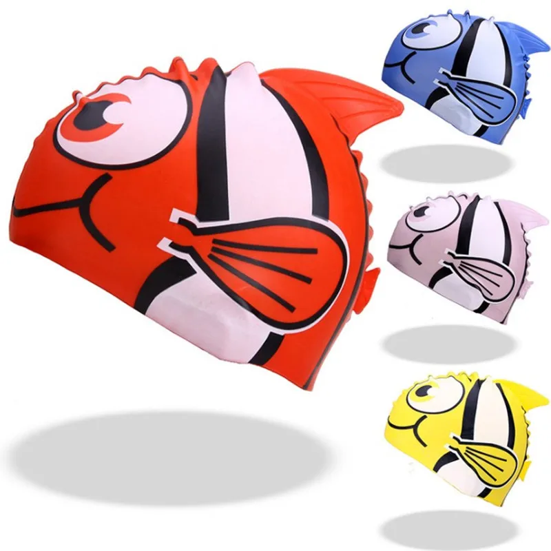 

Cartoon Fish Kids Swimming Cap Silicone Waterproof Pool Ear Protector Girl Boy Children Swim Hat