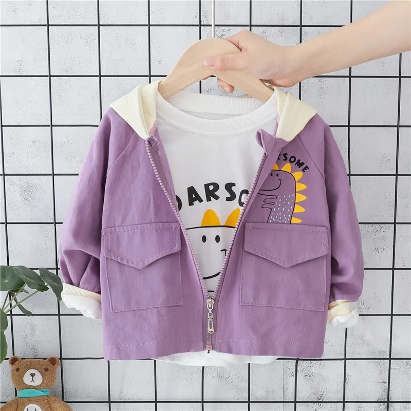 Purple Осеннее Желтое Пальто для маленьких мальчиков; фиолетовое и розовое пальто для маленьких девочек; Верхняя одежда с капюшоном и рисунком для новорожденных; Детский кардиган на молнии; повседневные куртки - Цвет: Purple