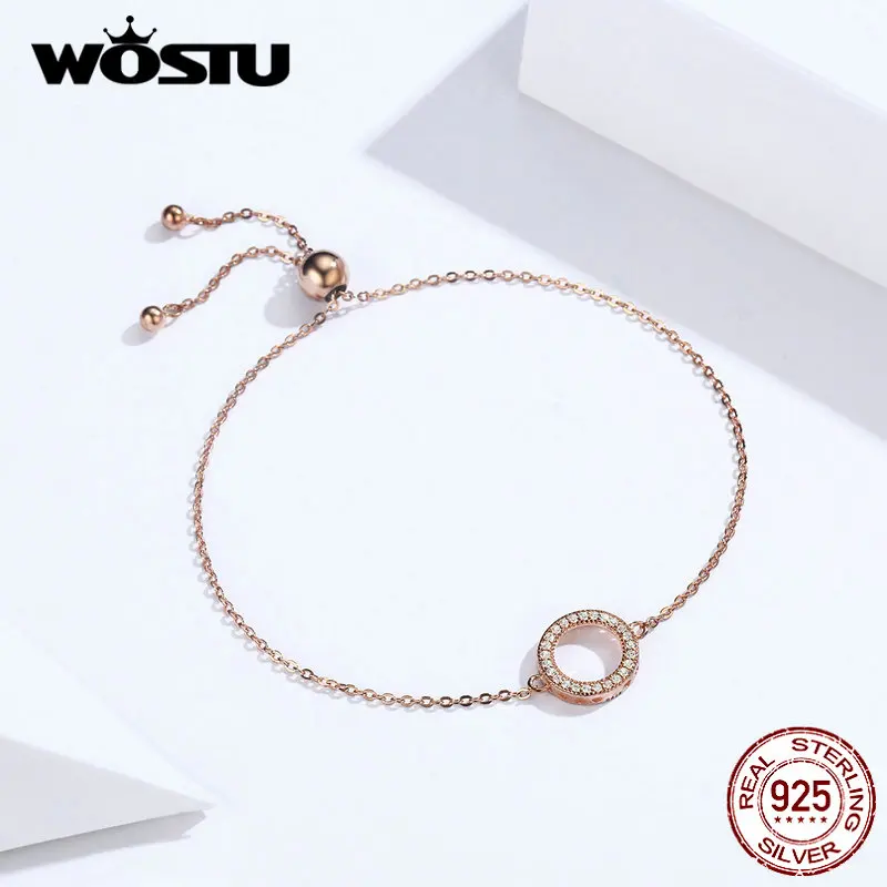 WOSTU,, 925 пробы, серебряный, розовое золото, браслет, сверкающий, Круглый, циркон, звено цепи для женщин, модное ювелирное изделие, CQB030-C