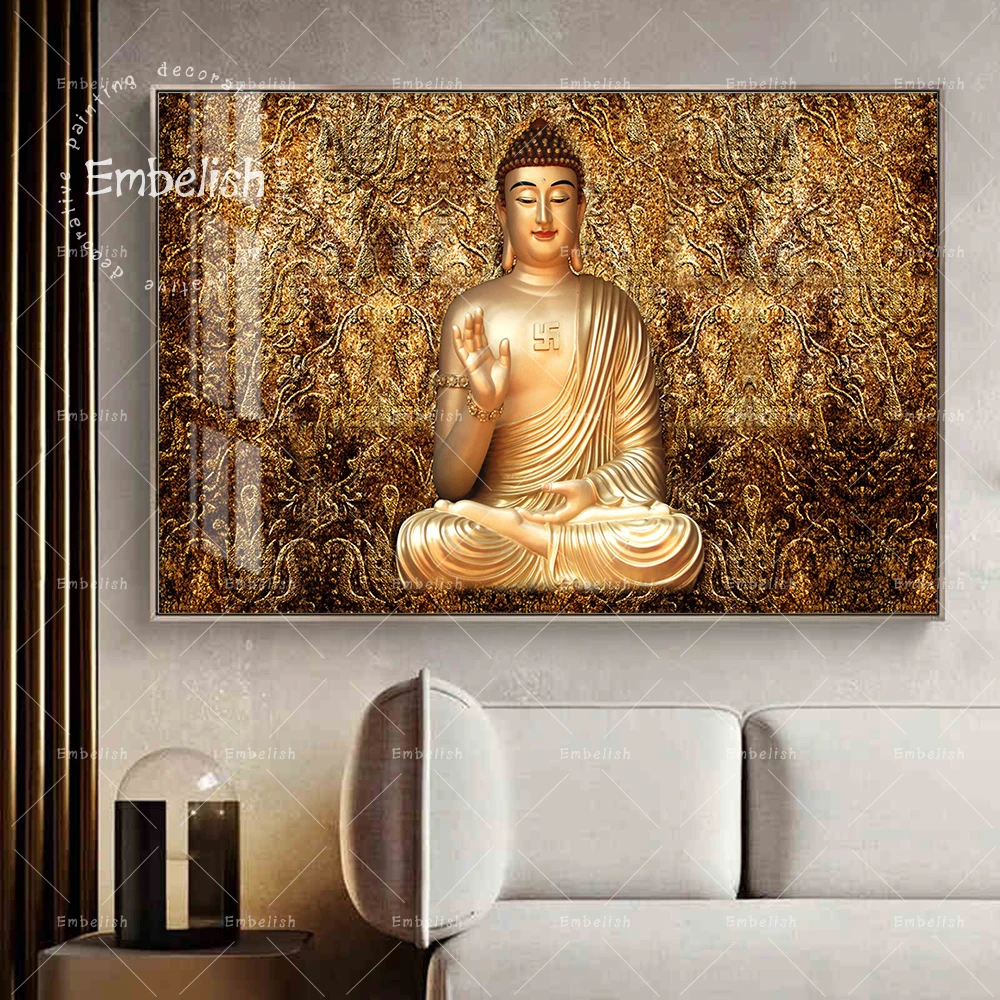 

Embelish 1 Pieces Golden Buddha Statue Modern Home Decor Pictures For Living Room Wall Art Posters HD Print Canvas Paintings