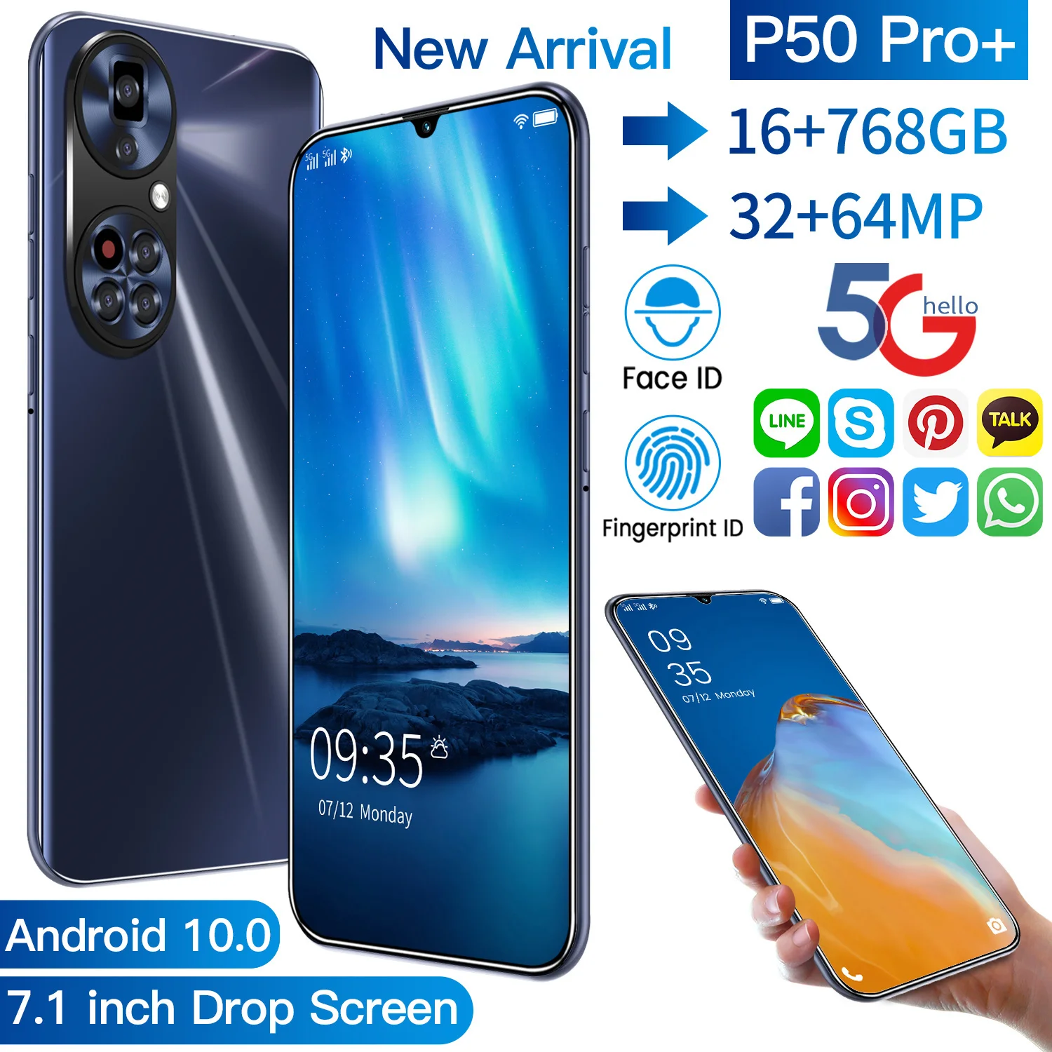 

Smartphone HUAWA P50 Pro Gobal Version MTK6598 10 Core 6800mAh Support Capacitive 16GB+768GB 32+64MP Face Id 7.1Inch Andriod10