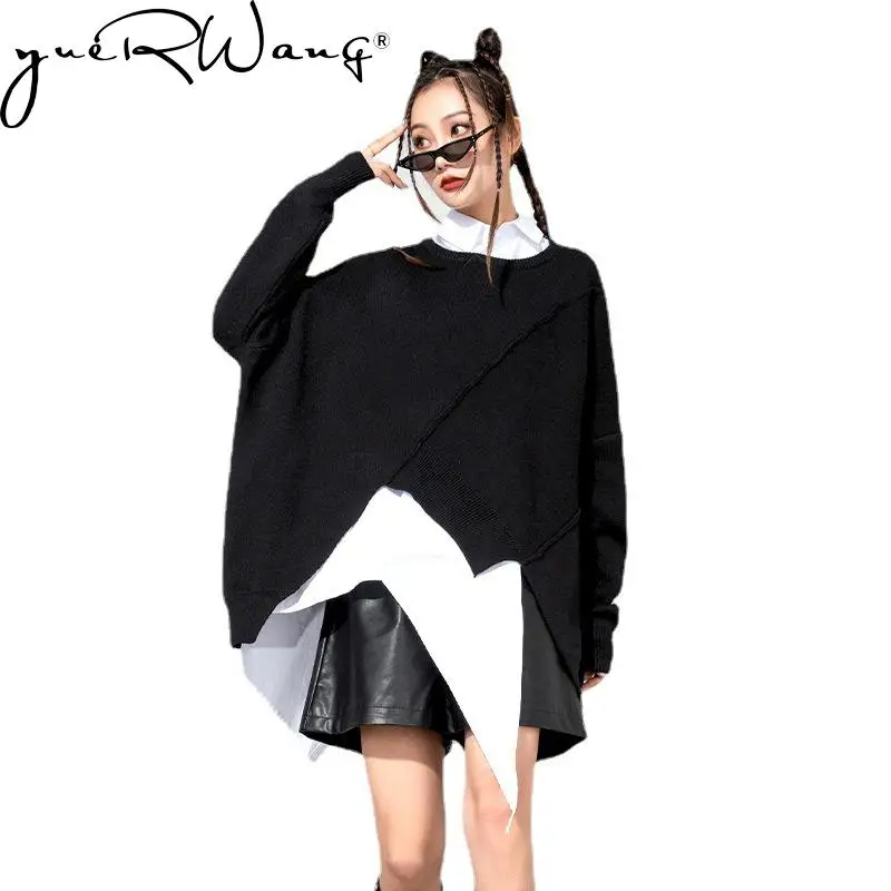 

Yuerwang Women Sweater Asymmetry Patchwork Loose Pullover Sweaters Color Matching Irregular Long Knitting Tops 2022 Fashion