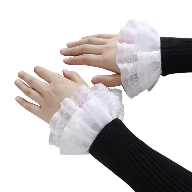 

Literary Women Sweet Fake Sleeves Double Layer Ruffles Lace Detachable Flared Cuffs Sweater Decorative Wrist Warmers H9ED