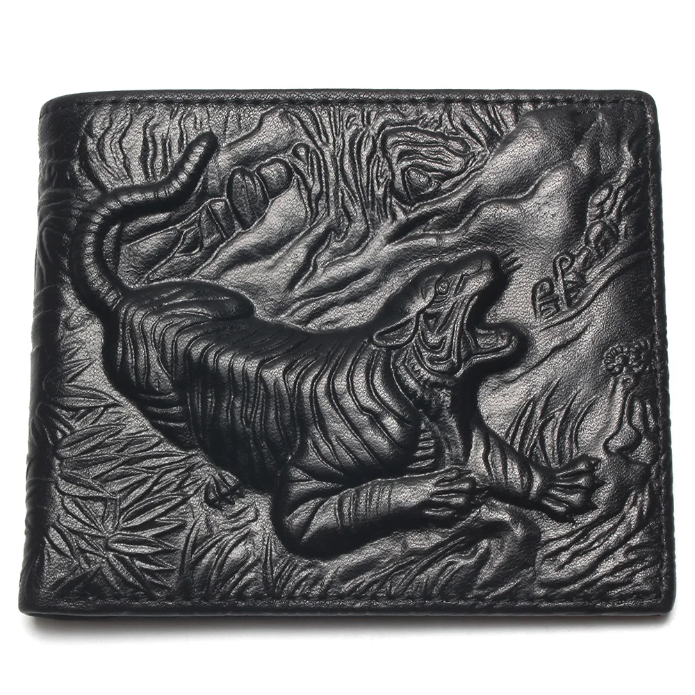 Black S Кошелек из натуральной кожи с 3D рисунком тигра, мужской кошелек, мужской кошелек из натуральной кожи, Мужской винтажный кошелек из воловьей кожи, высокое качество - Цвет: Black S