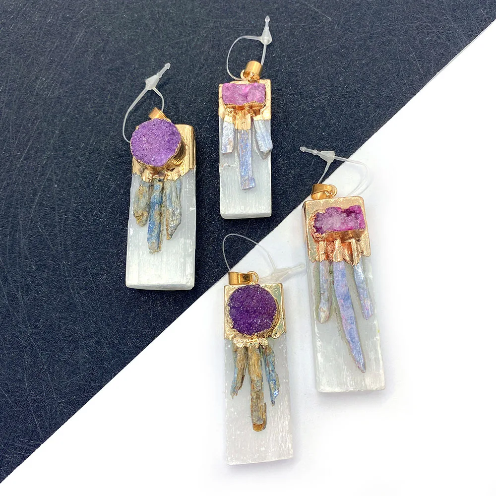 

Natural Stone Crystal Pendant Necklace Jewelry Colorful Rectangular Reiki Stone DIY Necklace Bracelet Accessories Charm
