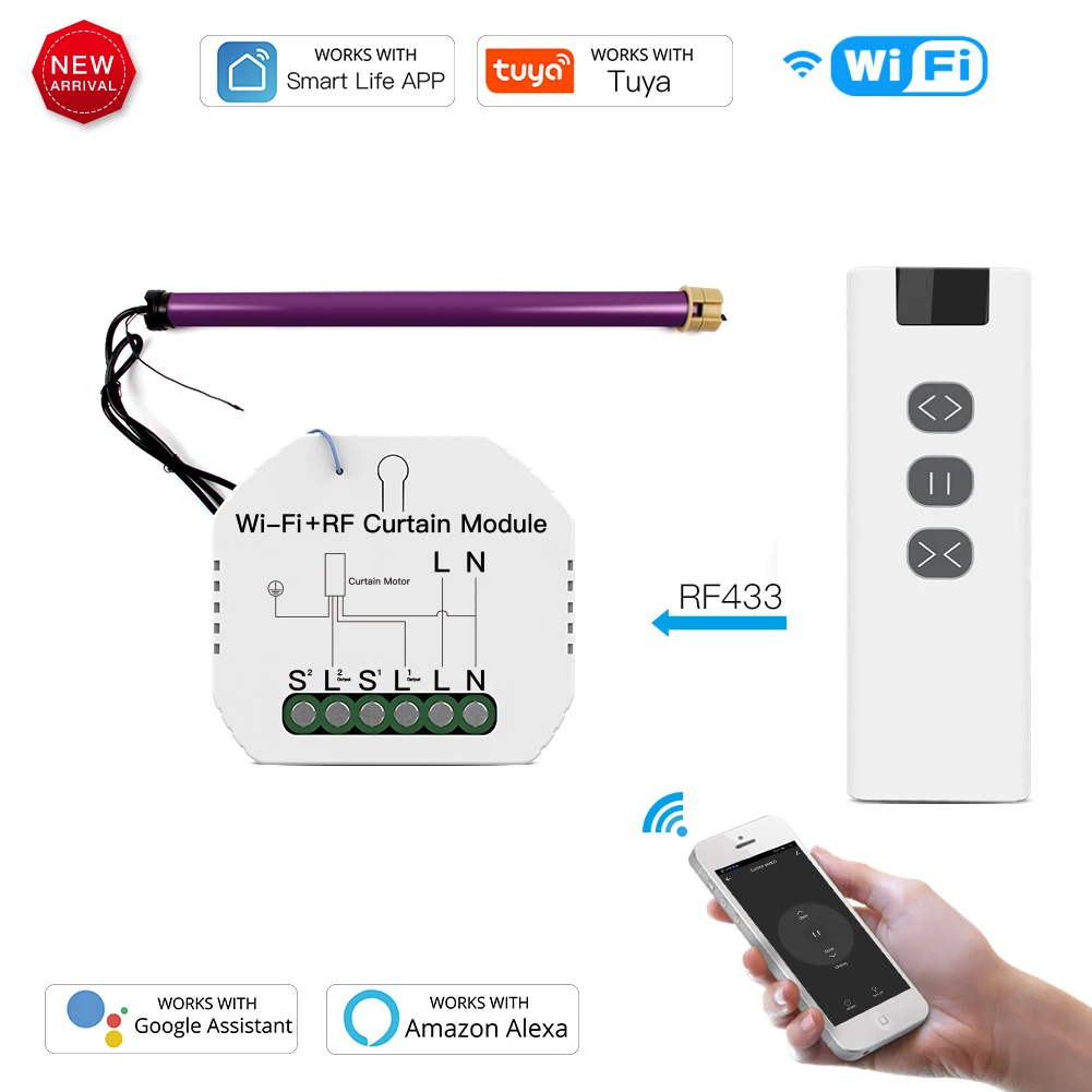

WiFi DIY RF433 Electric Roller Blind Shutter Curtain Switch Module with Remote Works with Google Home Alexa Voice Control