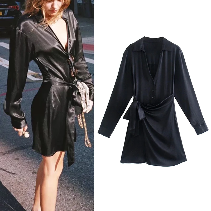 

Za 2021 Autumn Women Solid Elegant A Line Shirt Dress Long Sleeve Female Chic Office Lady Mini Dresses OZZ1726