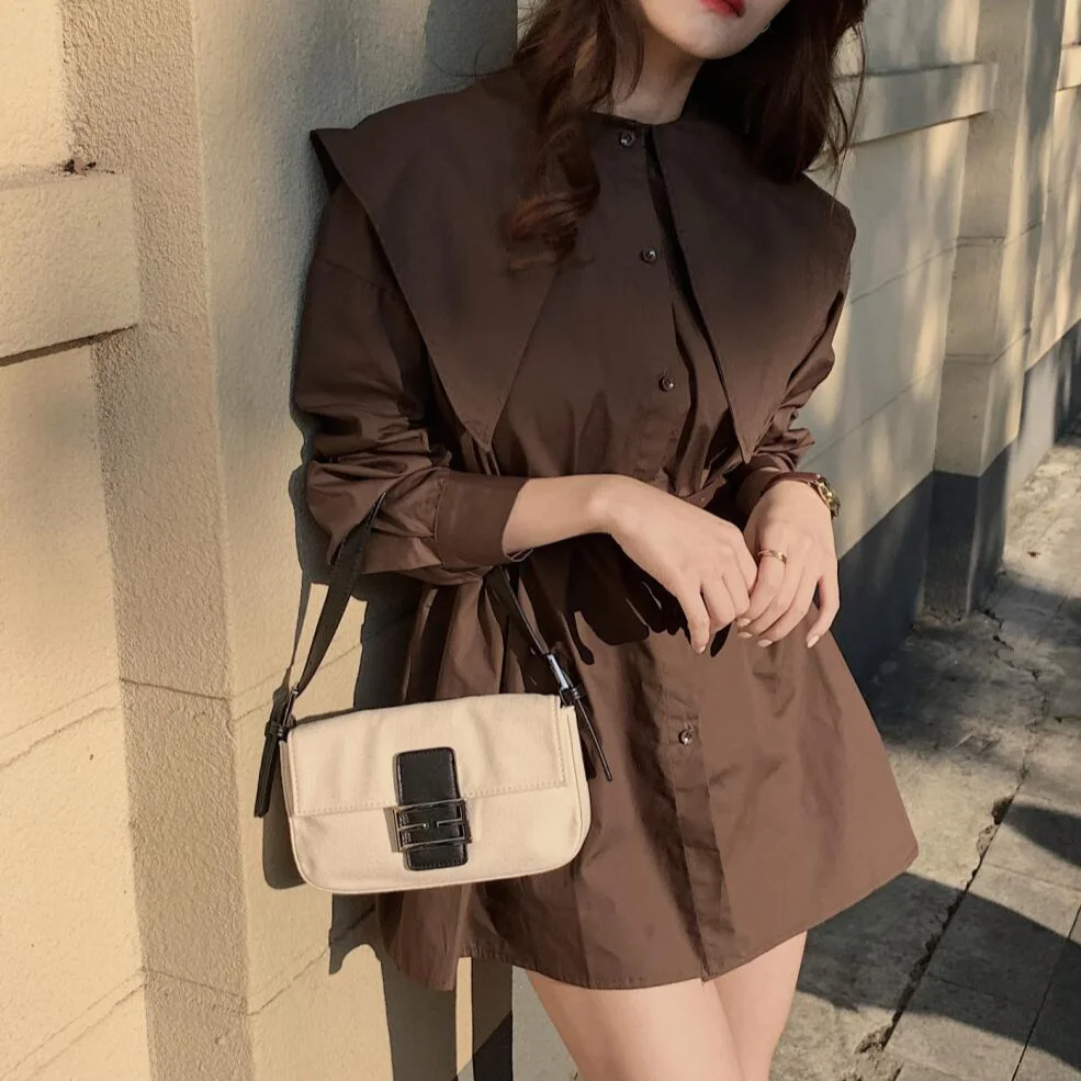 

2021 Spring New Design Chic Peter Pan Collar Blouse Loose Long Sleeve Basic Shirt Women Fashion Elegant Button Tops with Belt