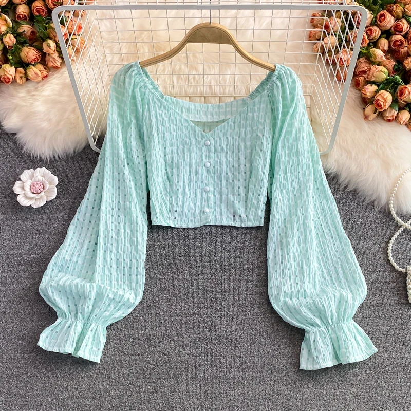 

Женская ажурная Блузка с V-образным вырезом, однобортная облегающая блузка в Корейском стиле, Элегантная Модная уличная одежда с длинным ру...