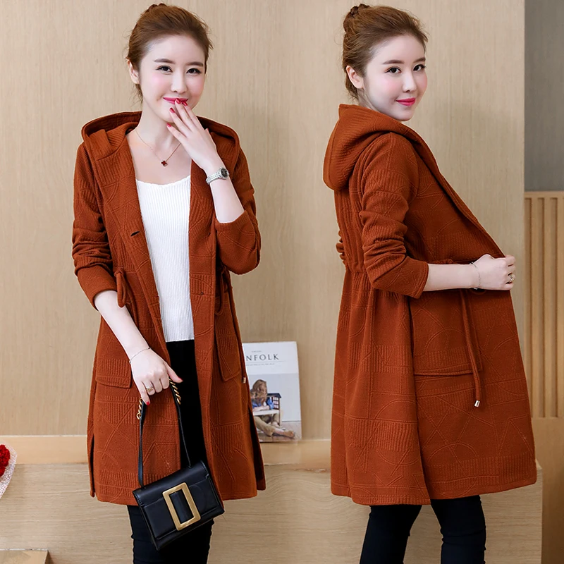 

Korean Fashion Coat New Knitting Big Yards Long Knitted Overcoat Autumn And Winter With Hood Long Trench Knitwear