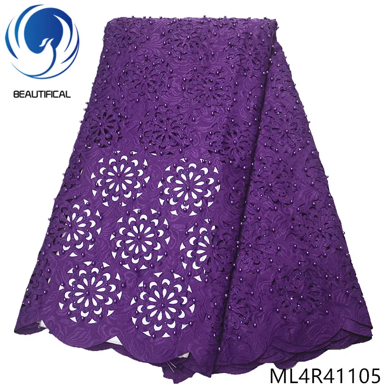 

BEAUTIFICAL African lace fabrics Fashion Laser cut jacquard cotton fabric 5yards swiss voile lace with beads for dress ML4R411