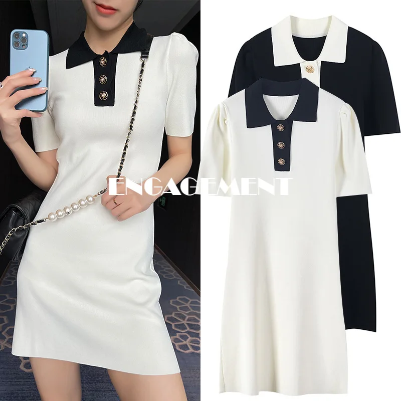 

ENGAGEMENT 2021 Contrast Short Sleeve Dress Female Fashion Lapel Knit Polo Skirt French Retro Dress