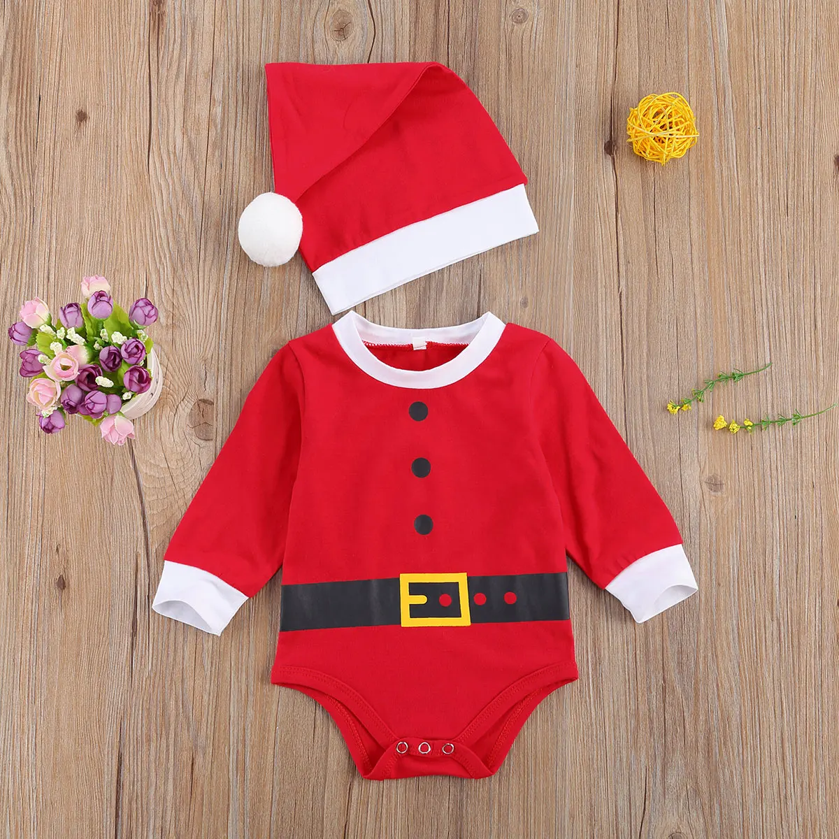 

0-12M Newborn Christmas Outfits 2PCS Long Sleeve Round Neck Print Romper+Pompom Cap Santas Cosplay Party Clothes