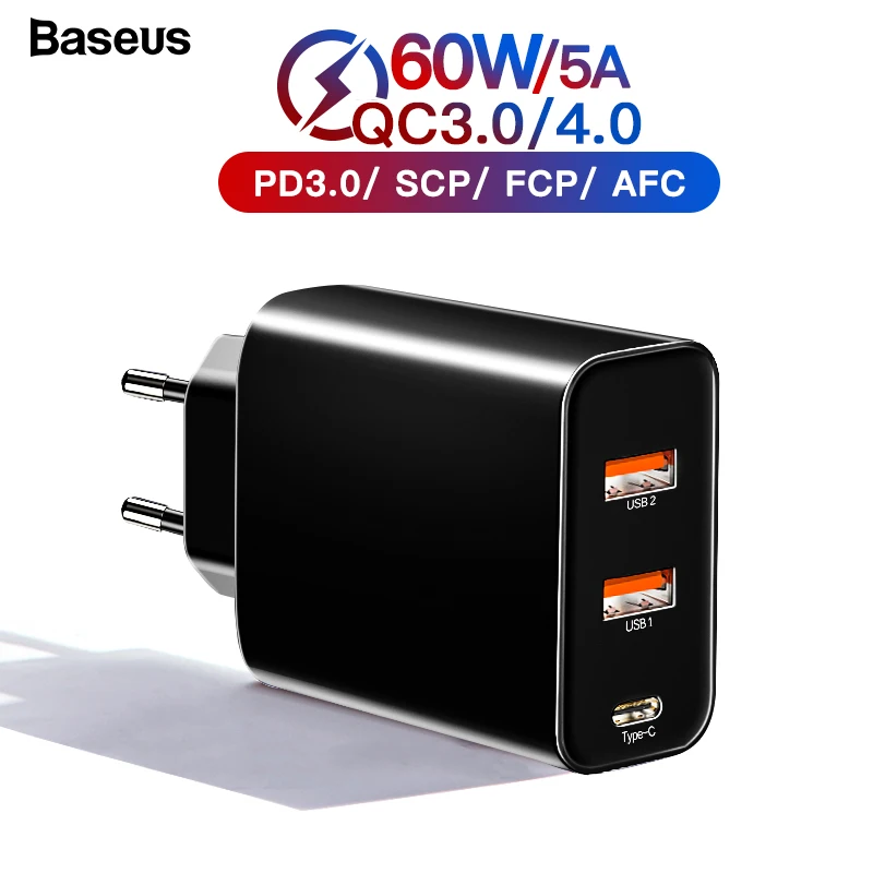 Baseus 60 Вт Быстрая зарядка 4,0 3,0 Мульти USB зарядное устройство для iPhone samsung iPad Pro Macbook SCP QC4.0 QC3.0 QC type C PD быстрое зарядное устройство