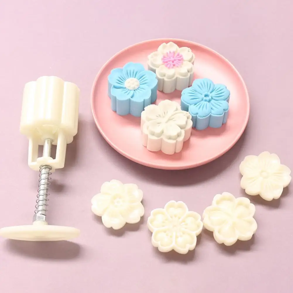 

Mooncake Mold 4pcs 3D Cherry Sakura Stamps Barrel Hand Press Moon Cake Pastry Mould DIY Bakware Mid-autumn Festival Drop Ship